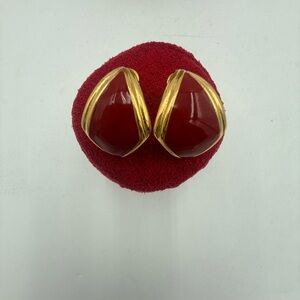 Gorgeous Vintage Monet Pierced Earrings Red Enamel Gold Plated Half Hoop Drop